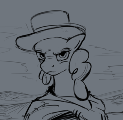 Size: 421x409 | Tagged: safe, artist:marbleyarns, pinkie pie, g4, crossover, female, monochrome, solo, the good the bad and the ugly, the man with no name