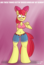 Size: 2640x3904 | Tagged: safe, artist:scobionicle99, apple bloom, earth pony, anthro, unguligrade anthro, g4, belly button, bra, breasts, clothes, female, halterneck, high res, midriff, solo, underwear