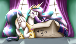 Size: 4296x2508 | Tagged: safe, artist:otakuap, princess celestia, twilight sparkle, alicorn, pony, g4, boop, boop box, cute, cutelestia, duo, female, high res, hnnng, mare, nose wrinkle, paint tool sai, pony in a box, scrunchy face, smiling, surprised, sweet dreams fuel, twiabetes, weapons-grade cute, wide eyes, younger