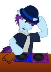 Size: 827x1169 | Tagged: safe, artist:phonicb∞m, artist:sketchy brush, oc, oc only, oc:phonic boom, blue fur, collaboration, dj pony, fedora, glasses, goatee, green eyes, hat, music, musician, purple mane, record, record player, simple background, transparent background, turntable, vector, vector trace