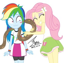 Size: 900x887 | Tagged: safe, artist:bluse, fluttershy, rainbow dash, snake, equestria girls, g4, duo, fear, female, nervous, show accurate, simple background, tongue out, wavy mouth, white background