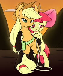 Size: 1396x1665 | Tagged: safe, artist:vulapa, apple bloom, applejack, earth pony, pony, g4, somepony to watch over me, apple bloom's bow, applejack's hat, bipedal, bow, cowboy hat, duo, duo female, female, fireproof boots, hair bow, hat, lasso, open mouth, protecting, rope, scared