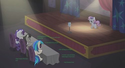 Size: 1267x693 | Tagged: safe, edit, edited screencap, screencap, dj pon-3, octavia melody, rarity, sweetie belle, vinyl scratch, earth pony, pony, unicorn, bloom & gloom, g4, /mlp/, 4chan, britbong, female, filly, foal, greentext, horn, mare, text