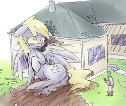 Size: 2079x1747 | Tagged: safe, artist:nobody, derpy hooves, oc, oc:anon, human, pegasus, pony, g4, accident, bathrobe, building, clothes, crash, destruction, female, giant pony, i just don't know what went wrong, macro, mare, mud, robe, scrunchy face, size difference