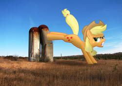 Size: 2592x1818 | Tagged: safe, artist:fandroit, applejack, earth pony, pony, g4, bucking, demolition, destruction, giant pony, highrise ponies, irl, macro, photo, ponies in real life, silo