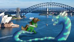 Size: 1920x1080 | Tagged: safe, artist:fandroit, oc, oc only, oc:fandroit, kaiju, pony, sea serpent, giant pony, irl, macro, mouth hold, photo, ponies in real life, sea monster, sword, sydney, sydney opera house