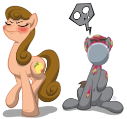 Size: 2654x2500 | Tagged: safe, artist:template93, peachy cream, oc, oc:komrade, earth pony, pony, g4, angry, blushing, commission, funny, high res, pie, pied, sad, simple background, transparent background