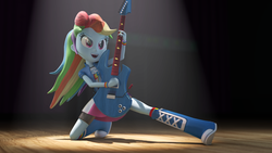 Size: 1920x1080 | Tagged: safe, artist:creatorofpony, rainbow dash, equestria girls, g4, 3d, 3d model, awesome as i want to be, blender, boots, clothes, compression shorts, female, guitar, kneeling, preview, rainbow socks, shirt, skirt, socks, solo, striped socks, wallpaper, wristband