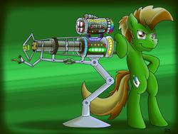Size: 2699x2040 | Tagged: safe, artist:fandroit, oc, oc only, oc:fandroit, pony, bipedal, high res, ray gun, solo