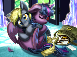 Size: 2160x1605 | Tagged: safe, artist:harwick, derpy hooves, twilight sparkle, alicorn, pegasus, pony, g4, comforting, description in comments, duo, duo female, eyes closed, female, hug, mailbag, mare, sitting, twilight sparkle (alicorn), twilight's castle