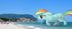 Size: 1200x490 | Tagged: safe, artist:fandroit, rainbow dash, pony, g4, beach, giant ponies in real life, giant pony, giant rainbow dash, irl, macro, mega/giant rainbow dash, photo, ponies in real life