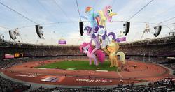 Size: 3500x1844 | Tagged: dead source, safe, artist:fandroit, applejack, fluttershy, pinkie pie, rainbow dash, rarity, twilight sparkle, pony, g4, female, giant pony, giantess, irl, london, london 2012, macro, mane six, olympic games, olympics, photo, ponies in real life, pyramid, summer olympics
