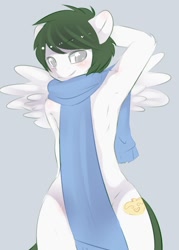 Size: 755x1057 | Tagged: safe, artist:aoizuri, oc, oc only, oc:winter mint, pegasus, anthro, armpits, clothes, crossgender, cutie mark, femboy, girly, male, naked scarf, nudity, scarf, solo, spread wings