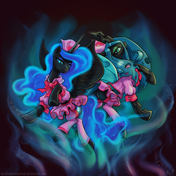 Size: 1500x1500 | Tagged: safe, artist:kp-shadowsquirrel, nightmare moon, queen chrysalis, alicorn, changeling, changeling queen, pony, g4, clothes, dress, female, magic, raised hoof, underhoof