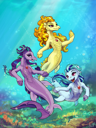 Size: 1125x1500 | Tagged: safe, artist:kp-shadowsquirrel, adagio dazzle, aria blaze, sonata dusk, siren, anthro, semi-anthro, g4, arm hooves, armpits, cloven hooves, the dazzlings, underwater