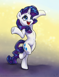 Size: 975x1275 | Tagged: safe, artist:kp-shadowsquirrel, part of a set, rarity, pony, unicorn, semi-anthro, g4, armpits, belly button, bipedal, chest fluff, female, happy, mare, open mouth, open smile, simple background, smiling, solo, underhoof