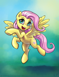 Size: 975x1275 | Tagged: safe, artist:kp-shadowsquirrel, part of a set, fluttershy, pegasus, pony, g4, belly button, cute, female, flying, happy, looking at you, mare, open mouth, raised hoof, shyabetes, smiling, solo, underhoof