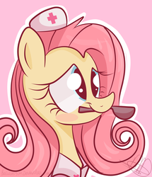 Size: 4779x5555 | Tagged: safe, artist:balloons504, fluttershy, pegasus, pony, g4, absurd resolution, blushing, bust, cute, female, mare, mouth hold, nurse, nurse outfit, pink background, portrait, simple background, smiling, solo, spoon