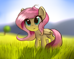Size: 600x480 | Tagged: safe, artist:greenfireartist, fluttershy, pegasus, pony, g4, cute, female, filly, grass, looking up, shyabetes, smiling, solo