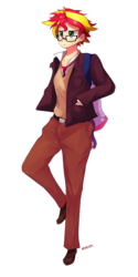 Size: 800x1600 | Tagged: safe, artist:maren, sunset shimmer, human, g4, alternate hairstyle, clothes, collarbone, female, frown, glasses, humanized, jacket, messy hair, nerd, short hair, solo, sunspecs shimmer, sweater vest