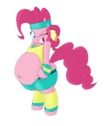 Size: 1789x2123 | Tagged: safe, artist:calorie, pinkie pie, earth pony, pony, g4, belly, belly button, big belly, bipedal, fat, female, headband, leg warmers, muffin top, need to go on a diet, need to lose weight, obese, piggy pie, pudgy pie, simple background, solo, too fat, too fat to fit, transparent background, workout outfit, wristband