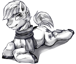 Size: 1000x846 | Tagged: source needed, safe, artist:buttercupsaiyan, double diamond, pony, g4, the cutie map, clothes, male, monochrome, prone, scarf, solo, stallion, sweat, that was fast, white
