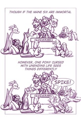 Size: 727x1100 | Tagged: safe, artist:moonlitbrush, apple bloom, applejack, derpy hooves, doctor whooves, fluttershy, pinkie pie, rainbow dash, rarity, scootaloo, spike, sweetie belle, time turner, twilight sparkle, alicorn, dragon, pony, comic:unintentionally spreading happiness, g4, crying, cutie mark crusaders, female, flower, immortality blues, mane seven, mane six, mare, memorial, monochrome, sad, statue, tall, twilight sparkle (alicorn), winged spike, wings