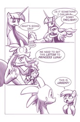 Size: 727x1100 | Tagged: safe, artist:moonlitbrush, derpy hooves, doctor whooves, rarity, spike, time turner, twilight sparkle, alicorn, pony, comic:unintentionally spreading happiness, g4, cute, cute face, female, mare, monochrome, twilight sparkle (alicorn)