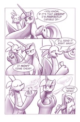 Size: 727x1100 | Tagged: safe, artist:moonlitbrush, derpy hooves, spike, twilight sparkle, alicorn, pony, comic:unintentionally spreading happiness, g4, :t, annoyed, eyes closed, female, frown, gem, glare, mare, monochrome, open mouth, pouting, puffy cheeks, raised eyebrow, scowl, smirk, tall, twilight sparkle (alicorn), unamused, waving
