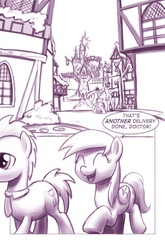Size: 727x1100 | Tagged: safe, artist:moonlitbrush, derpy hooves, doctor whooves, time turner, pegasus, pony, comic:unintentionally spreading happiness, g4, cute, cute face, female, mare, monochrome, ponyville, tenth doctor, twilight's castle