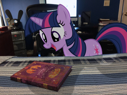Size: 3264x2448 | Tagged: safe, artist:greenmachine987, artist:mrlolcats17, twilight sparkle, g4, journal of the two sisters, bed, book, high res, irl, light switch, monitor, pc, photo, ponies in real life, shadow, solo, vector
