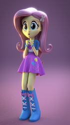 Size: 1080x1920 | Tagged: safe, artist:3d thread, artist:creatorofpony, fluttershy, pinkie pie, series:humane six in pinkie pie's clothes, equestria girls, g4, magical mystery cure, 3d, 3d model, :o, blender, boots, bracelet, clothes, clothes swap, equestria girls interpretation, fluttershy in pinkie pie's clothes, high heel boots, pinkie pie's boots, pinkie pie's clothes, pinkie pie's jacket, pinkie pie's shirt, pinkie pie's skirt, scene interpretation, shirt, skirt, solo