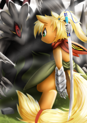 Size: 3307x4677 | Tagged: safe, artist:vavacung, oc, oc only, oc:little aj, comic:crazy future, offspring, parent:applejack, parent:unnamed oc, parents:canon x oc, sword, weapon