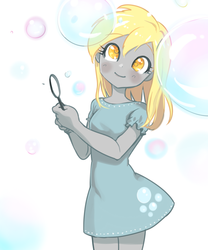 Size: 1000x1200 | Tagged: safe, artist:quizia, derpy hooves, equestria girls, g4, blushing, bubble, clothes, cute, derpabetes, dress, female, looking at you, quizia is trying to murder us, simple background, skirt, smiling, solo, white background
