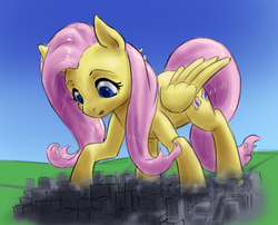 Size: 680x550 | Tagged: safe, artist:alloyrabbit, fluttershy, pony, g4, destruction, female, giant pony, giantess, giantshy, macro