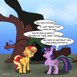 Size: 1000x1000 | Tagged: safe, artist:empyu, sunset shimmer, twilight sparkle, alicorn, pony, unicorn, g4, dialogue, discussion in the comments, duo, frown, golden oaks library, open mouth, smiling, twilight sparkle (alicorn), unamused