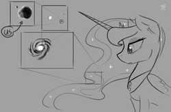 Size: 1280x842 | Tagged: safe, artist:darkflame75, princess luna, lunadoodle, g4, female, galaxy, hair, micro, monochrome, solo, space, zoomed in