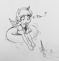 Size: 1246x1280 | Tagged: safe, artist:glacierclear, princess celestia, princess luna, anthro, g4, clothes, floaty, inner tube, monochrome, one-piece swimsuit, swimsuit, traditional art