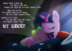 Size: 2283x1614 | Tagged: safe, artist:ikuvaito, spike, twilight sparkle, g4, cute, forehead kiss, mama twilight, poem, sleeping, spikelove, weapons-grade cute