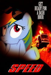 Size: 735x1088 | Tagged: safe, artist:dan232323, rainbow dash, g4, bus, explosion, fire, gm new look, movie poster, parody, scrunchy face, speed (movie), sunglasses