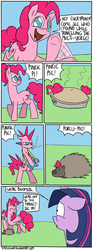 Size: 950x2554 | Tagged: safe, artist:timsplosion, pinkie pie, twilight sparkle, alicorn, earth pony, pony, porcupine, g4, comic, equestria is doomed, literal, multeity, multiverse, no pupils, pi, pie, pinkamena diane pie, pinkie pi, pinkie pie (form), punk, punkamena, punkie pie, too much pink energy is dangerous, xk-class end-of-the-world scenario