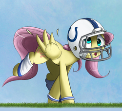 Size: 1500x1368 | Tagged: safe, artist:ncmares, part of a set, fluttershy, g4, american football, derp, female, helmet, indianapolis colts, leg warmers, nfl, solo, super bowl, super bowl xlix, sweatband