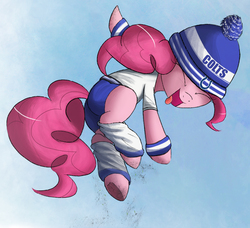 Size: 1500x1368 | Tagged: safe, artist:ncmares, part of a set, pinkie pie, earth pony, pony, g4, american football, beanie, butt, clothes, cute, diapinkes, eyes closed, female, happy, hat, indianapolis colts, jumping, leg warmers, midair, nfl, open mouth, plot, solo, super bowl, super bowl xlix, sweatband, tongue out