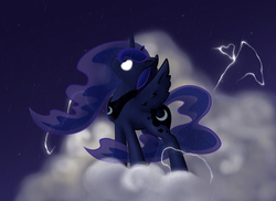 Size: 2338x1700 | Tagged: safe, artist:pon-ee, princess luna, g4, cloud, female, glowing eyes, solo