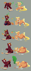 Size: 1500x3414 | Tagged: safe, artist:mellowhen, oc, oc:shortstack, oc:wholewheat, earth pony, pony, unicorn, beard, belly, bhm, bloated, burp, do not want, duo, duo male, fat, force feeding, levitation, long tail, magic, male, obese, pancakes, spell, stallion, stuffing, weight gain