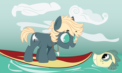 Size: 1500x902 | Tagged: safe, artist:dbkit, oc, oc only, oc:hightide, pony, sea dragon, baby dragon, duo, jewelry, necklace, offspring, parent:dumbbell, parent:rainbow dash, parents:dumbdash, surfboard