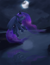 Size: 773x1000 | Tagged: safe, artist:foxvanity, princess luna, g4, eyes closed, female, flying, moon, night, reflection, solo, water