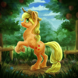 Size: 1000x1000 | Tagged: safe, artist:gor1ck, applejack, g4, apple tree, applebutt, butt, female, fluffy, freckles, plot, rearing, solo, tree, unshorn fetlocks