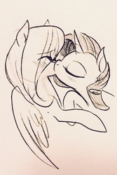 Size: 856x1280 | Tagged: safe, artist:glacierclear, fluttershy, rarity, pegasus, pony, unicorn, g4, duo, eyes closed, female, kiss on the lips, kissing, lesbian, mare, monochrome, ship:flarity, shipping, sketch, traditional art