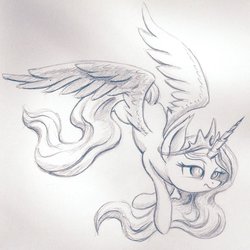 Size: 1024x1024 | Tagged: safe, artist:dynamiclines, princess celestia, g4, female, grayscale, monochrome, simple background, solo, spread wings, traditional art